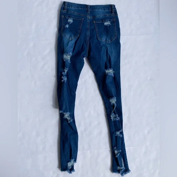 SHEIN Essnce Ladder Distressed Raw hem Skinny Jeans denim women’s size XS (2) - Picture 3 of 8